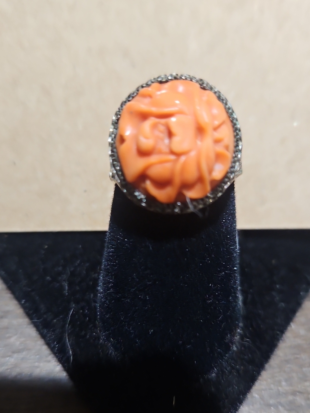 VINTAGE Japanese Orange Coral Carved Floral Statement Ring -